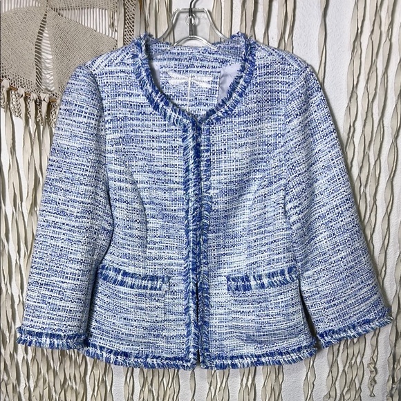 Tyler Boe Blue White Tweed Hook Front Blazer with Pockets size 6 - Picture 1 of 13